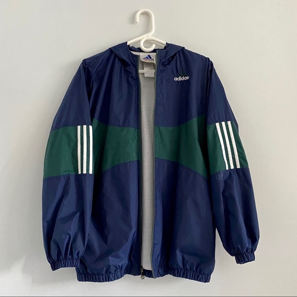 SOLD: ADIDAS GREEN AND BLUE WINDBREAKER WITH HOOD - Picture 1 of 6